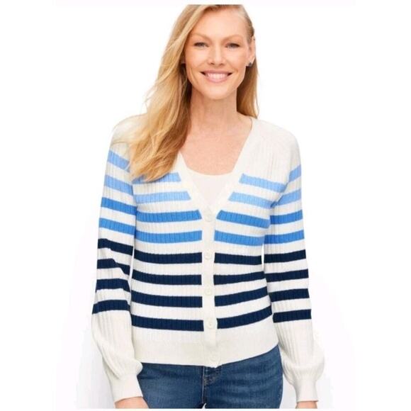 Talbots V-Neck Breton Striped Cardigan Sweater Women's M Coastal Preppy - Picture 10 of 10